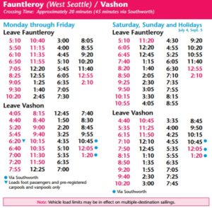 Vashon Island ferry schedule for West Seattle summer 2016